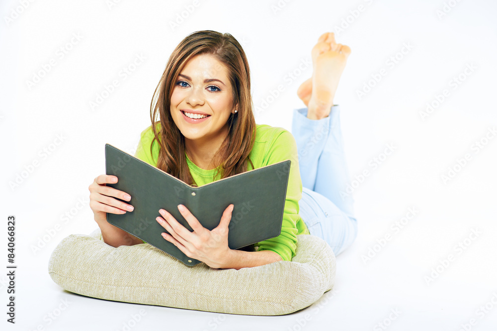 Young woman isolated portrait on white background. Lying on flo Young woman isolated portrait on white background. Lying on flo