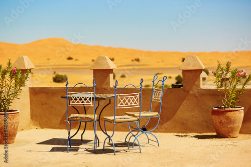 cafe in Merzouga village in Sahara desert photo