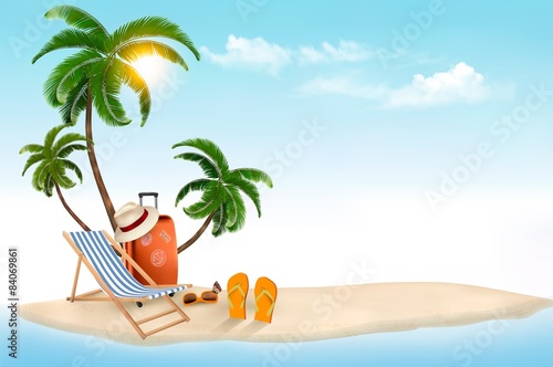 Tropical island with palms, a beach chair and a suitcase. Vacati