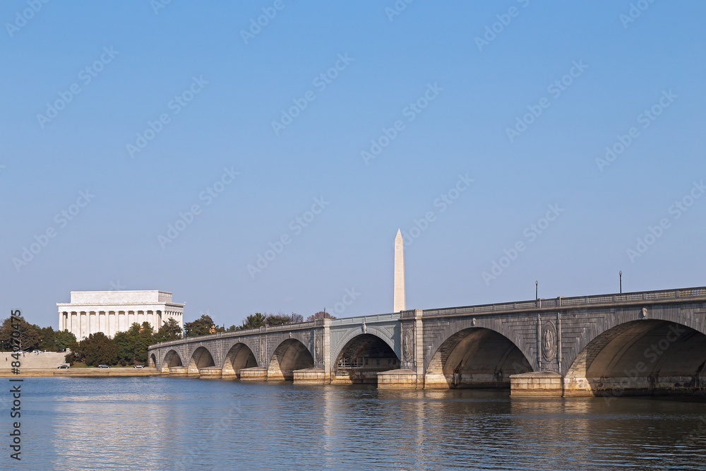 Arlington Memorial Bridge and Washington DC monuments.