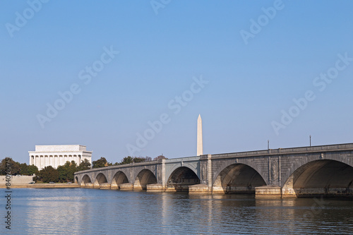 Arlington Memorial Bridge and Washington DC monuments.