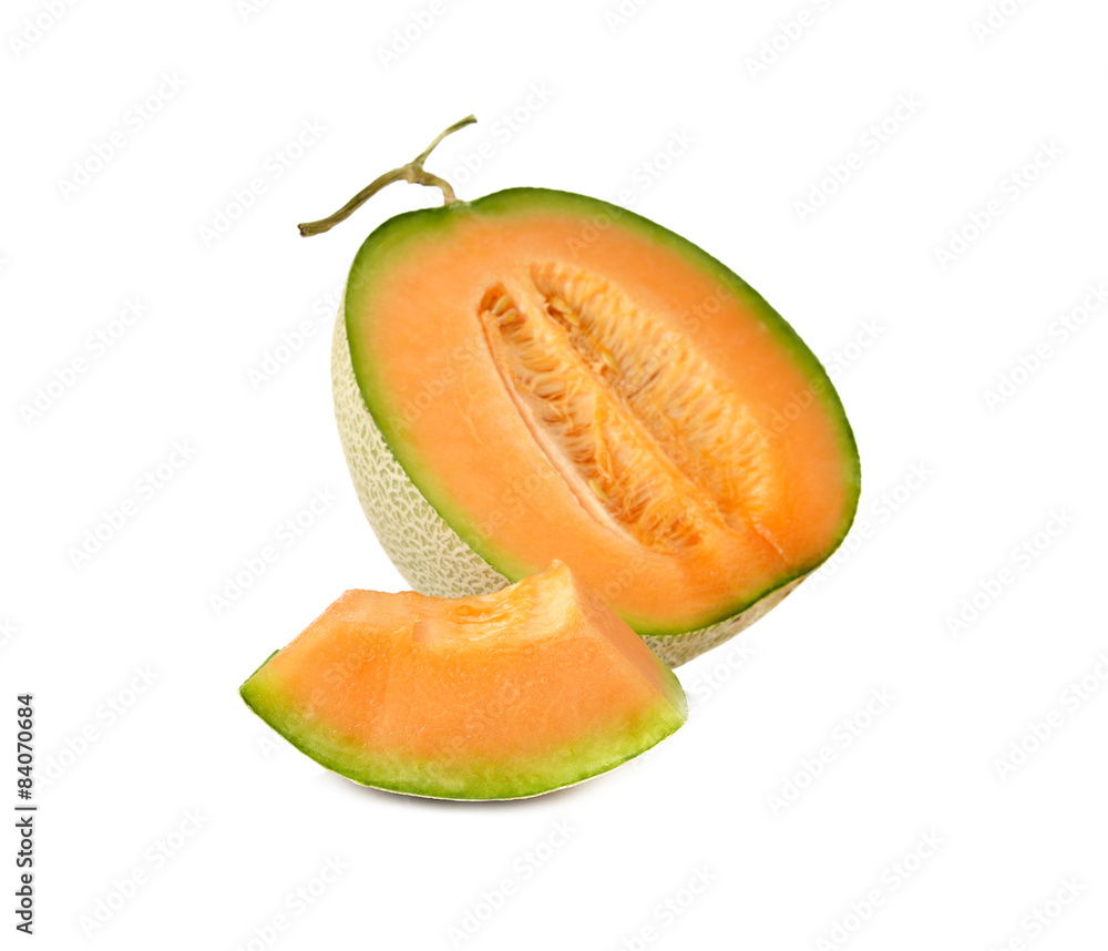 ripe orange melon with stem on white background ripe orange melon with stem on white background