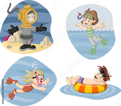 Kids wearing Scuba diving suit. Cartoon divers.