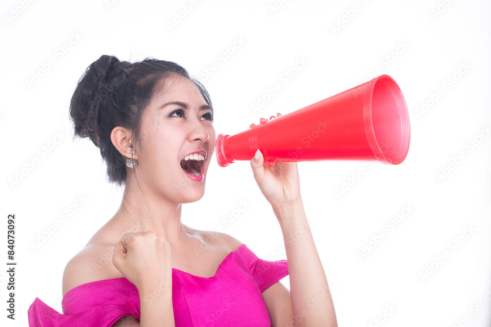 Announcement ,young woman holding red bullhorn Announcement ,young woman holding red bullhorn