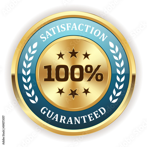Light blue satisfaction badge with gold border