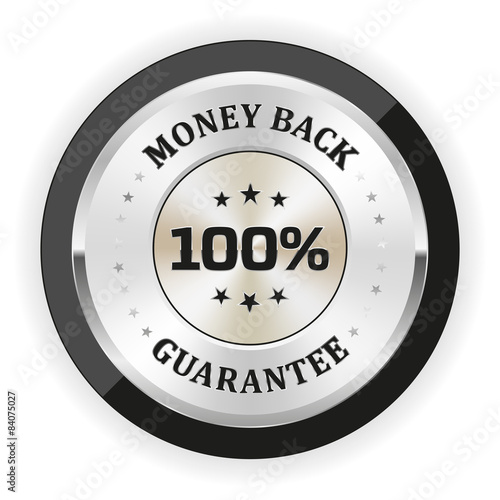 Silver money back badge with black border