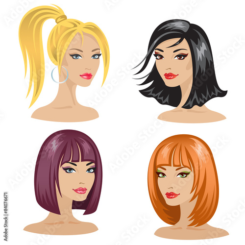 Four isolated women's portraits with different hairstyles