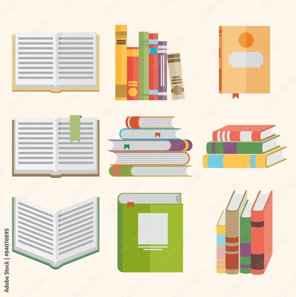 Set of book icons in flat design style. Set of book icons in flat design style.