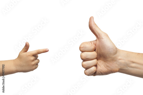 father and son giving like and pointing on white background