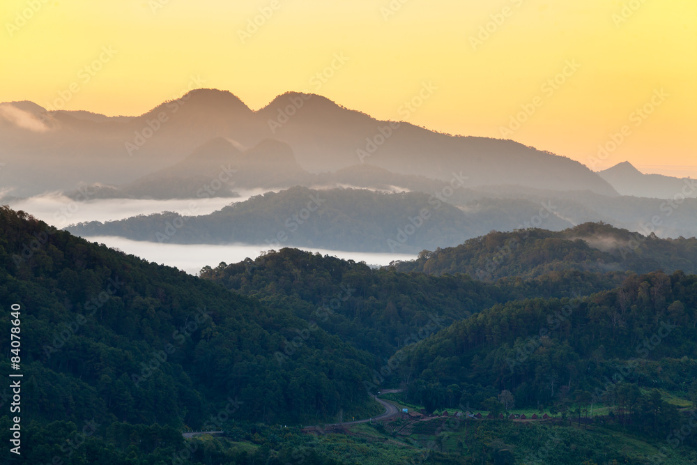 Naklejka premium Landscape. mountain during sunrise in Mae Hong Son,Thailand