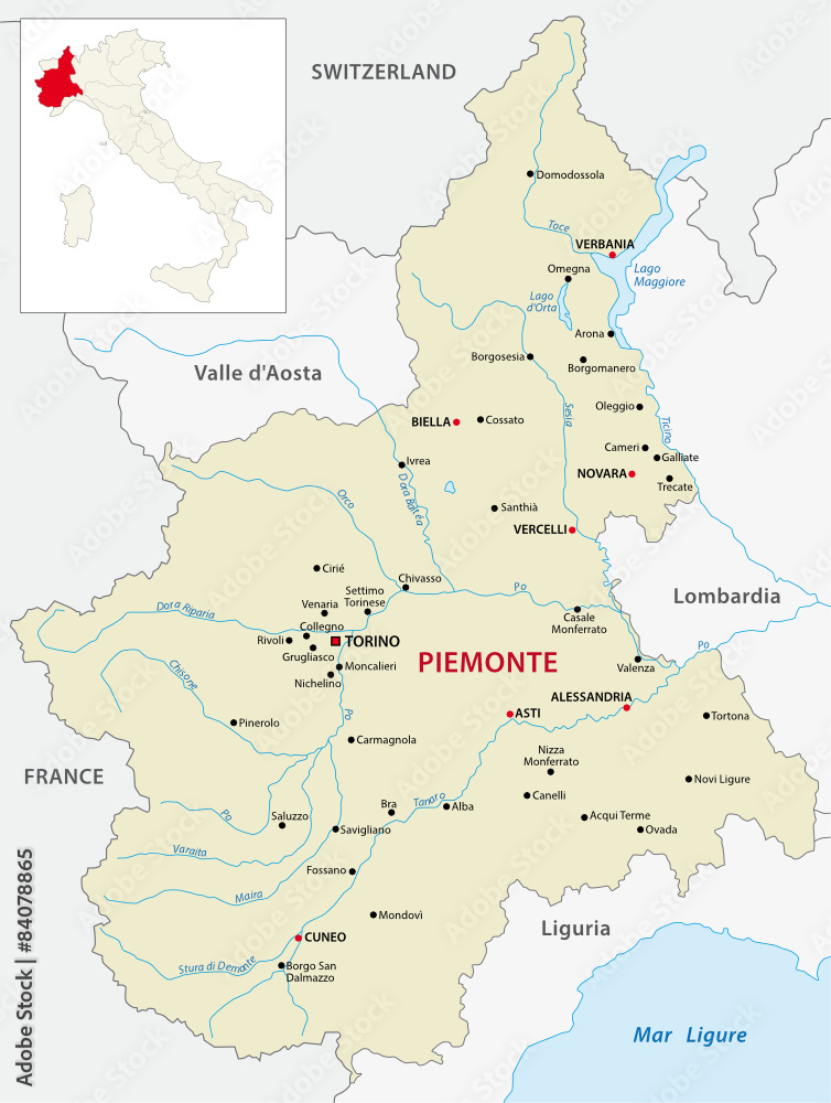 Piedmont Map with outline map Italy