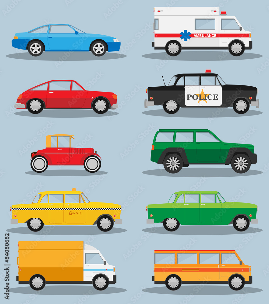 Vector set of various city urban traffic vehicles icons