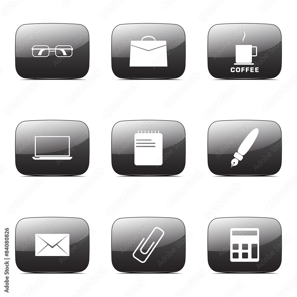 Office Work Square Vector Black Button Icon Design Set