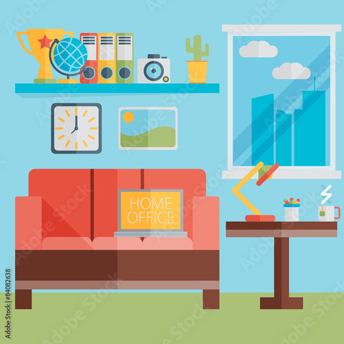 Flat design vector illustration of modern home office interior w