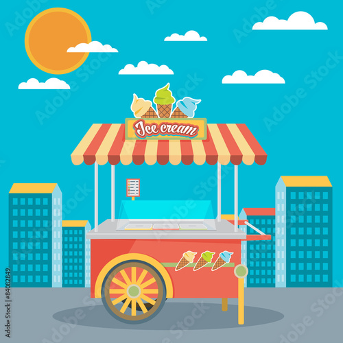 Shiny colorful ice cream cart vector illustration. Awesome creat