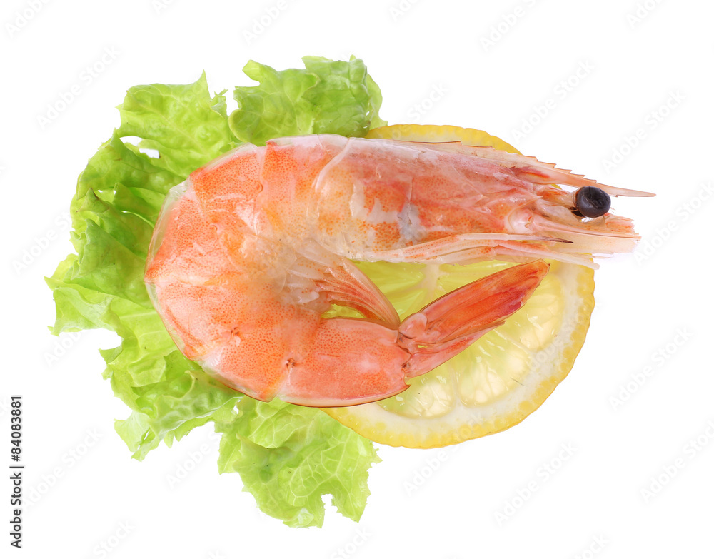 Boiled shrimp with lemon and lettuce isolated on white
