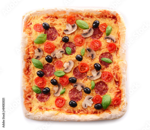 Delicious homemade pizza isolated on white