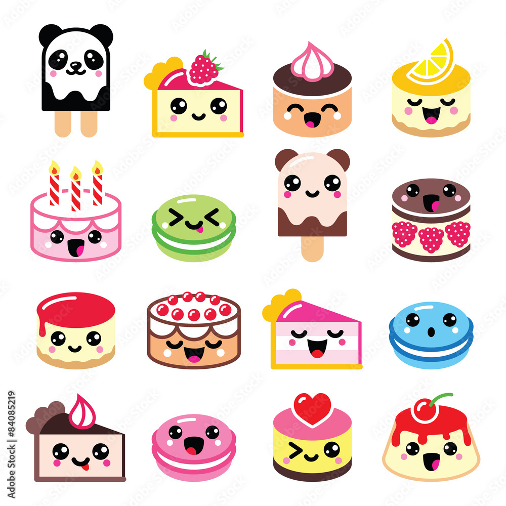 Cute Kawaii dessert - cake, macaroon, ice-cream icons vector de Stock |  Adobe Stock