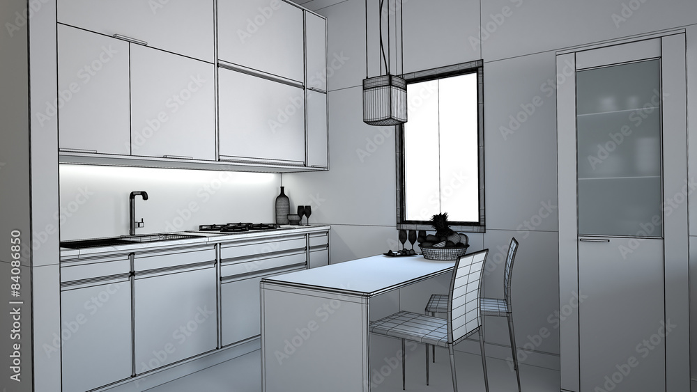 3D interior rendering of a small loft without textures