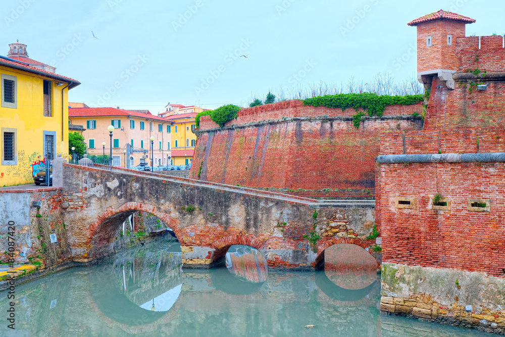 District of New Venice, Livorno, view of the Fortress island - obrazy, fototapety, plakaty 