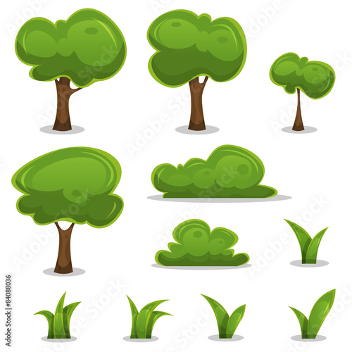 Cartoon Trees, Hedges And Grass Leaves Set For Ui Game