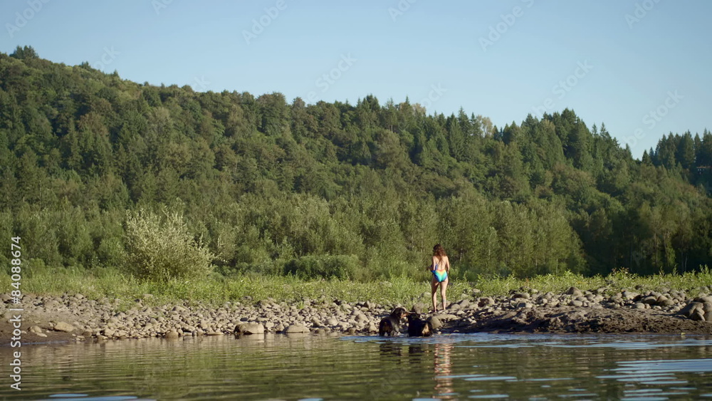 Two dogs follow a girl as she walks next the water's edge Two dogs follow a girl as she walks next the water's edge