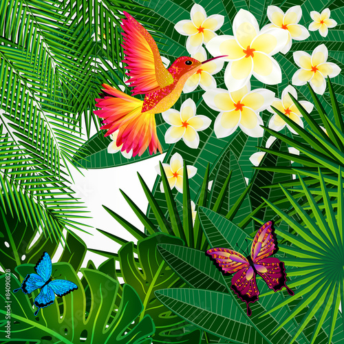 Tropical floral design background with bird, butterflies. © Itana