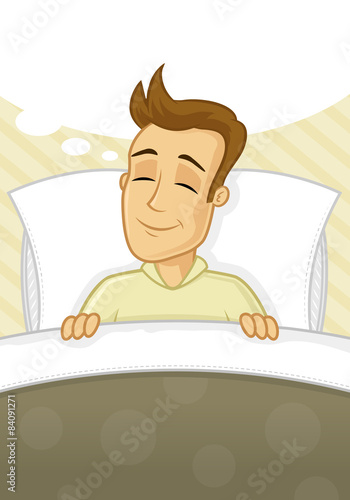 Young man having happy dreams in bed vector cartoon illustration
