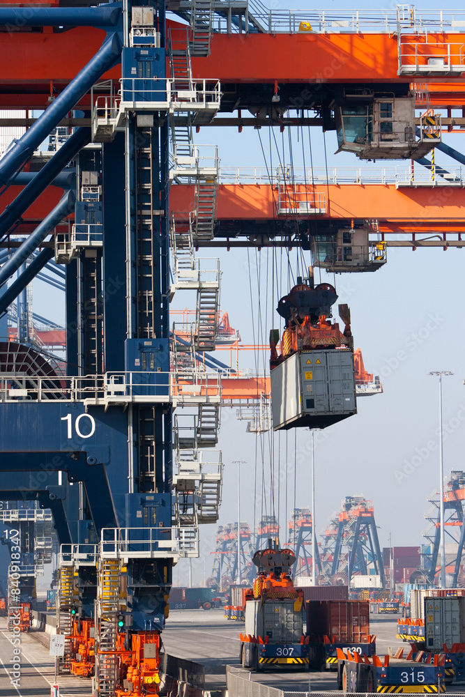 Harbor cranes lifting a container