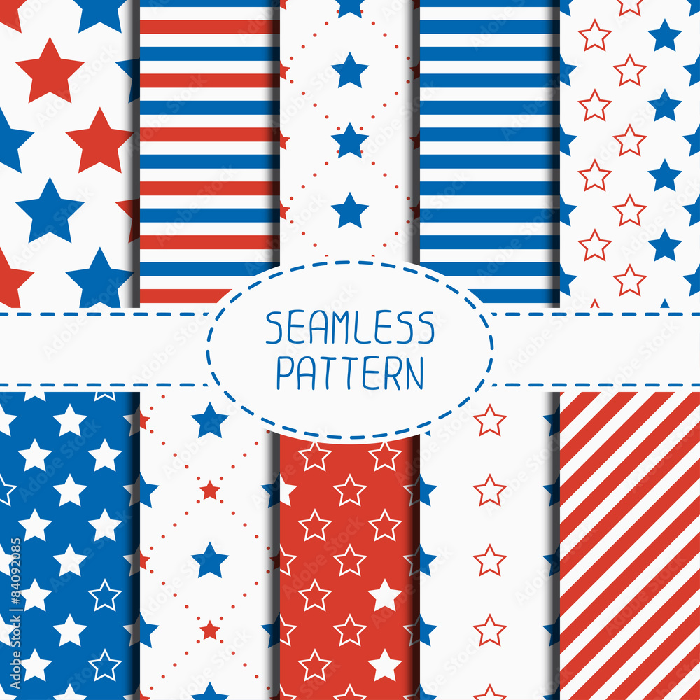 Obraz premium Set of geometric patriotic seamless pattern with red, white