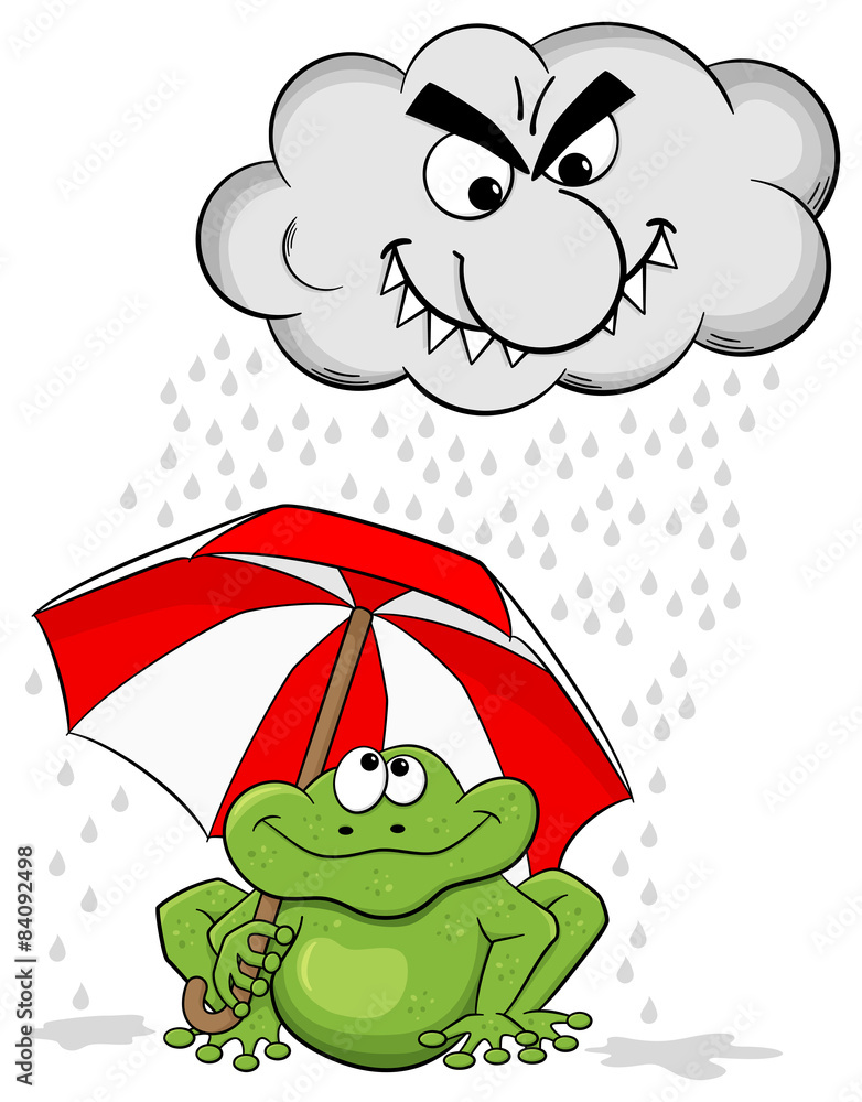 Fototapeta premium Cartoon Frosch mit Regenschirm und fieser Regenwolke