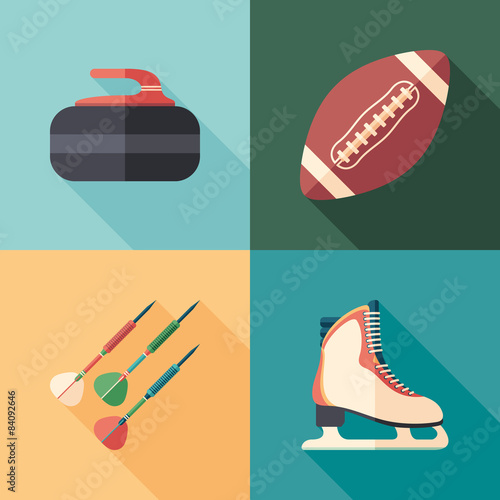 Winter and summer sports flat square icons with long shadows.