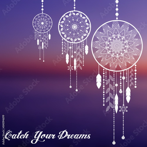 Vector dream catcher on sunset blurred mesh background.