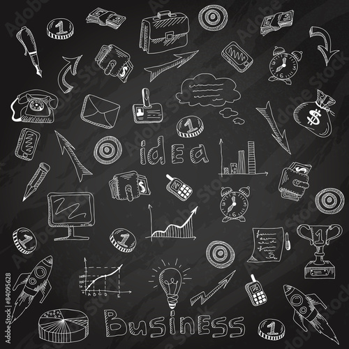 Business strategy icons blackboard chalk sketch