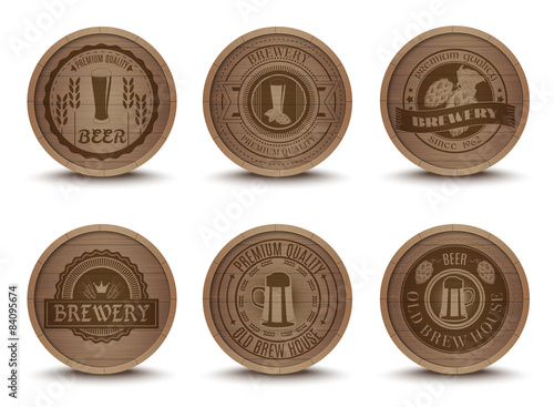 Wooden beer emblems mats icons set
