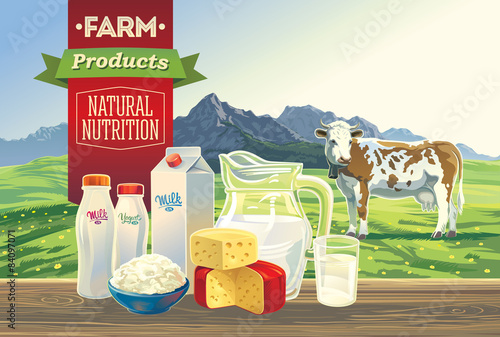 Set of milk products. With a cow, and mountain landscape.