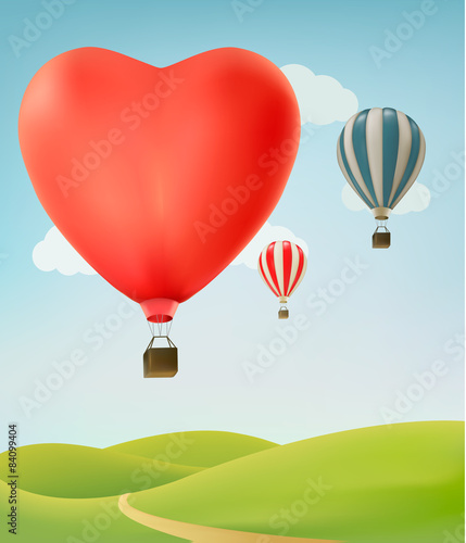 Nature background with colorful air balloons and green land. Vec