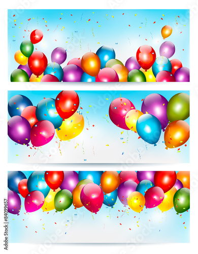 Three holiday banners with colorful balloons. Vector.