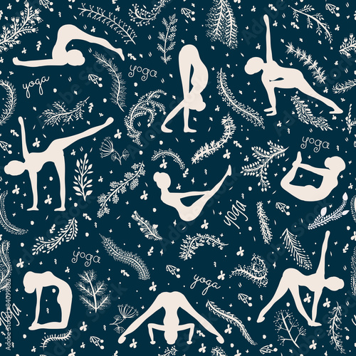floral seamless pattern woman practicing yoga pose 