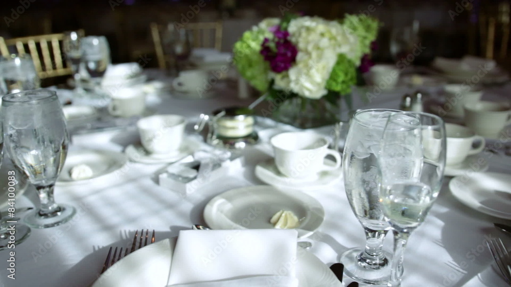 Dolly of a set banquet table ready for an event. Dolly of a set banquet table ready for an event.