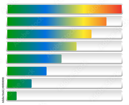 Horizontal loading or progress bars with spectrum fill.