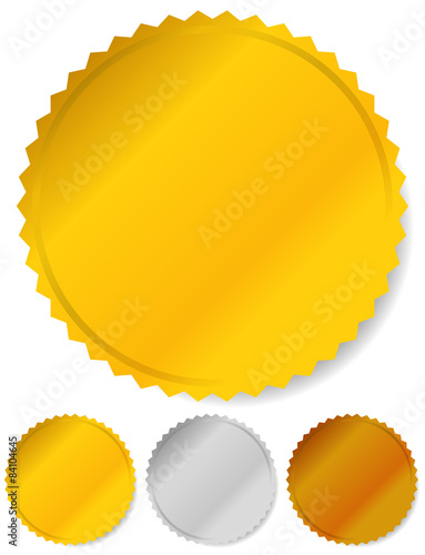 Gold, silver and bronze badges, starburst shapes. Price flashes. photo