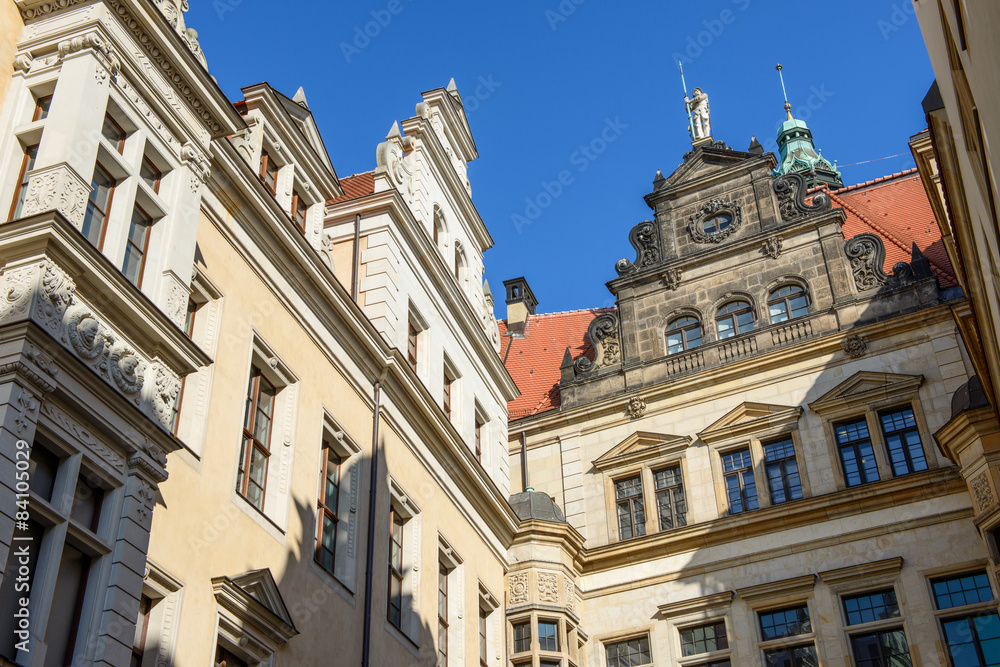 Skyline of buildings in Schloss Street end, Dresden, Saxony, Ger