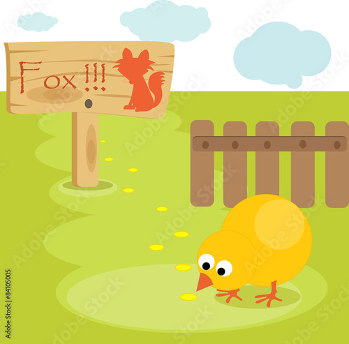 Cartoon young chick in the yard with warning sign.