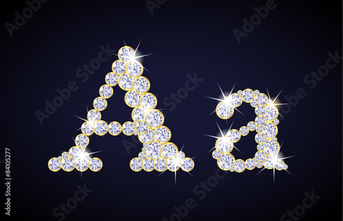 Letter "A" composed from diamonds with golden frame. Complete alphabet set.
