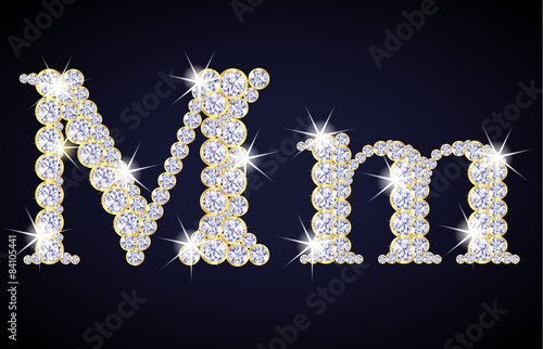 Letter "M" composed from diamonds with golden frame. Complete alphabet set.