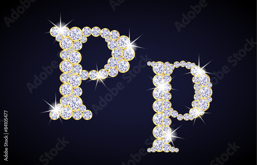 Letter "P" composed from diamonds with golden frame. Complete alphabet set.