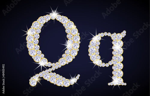 Letter "Q" composed from diamonds with golden frame. Complete alphabet set.
