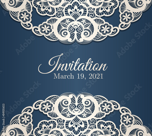 Vintage blue invitation cover with cream lace decoration