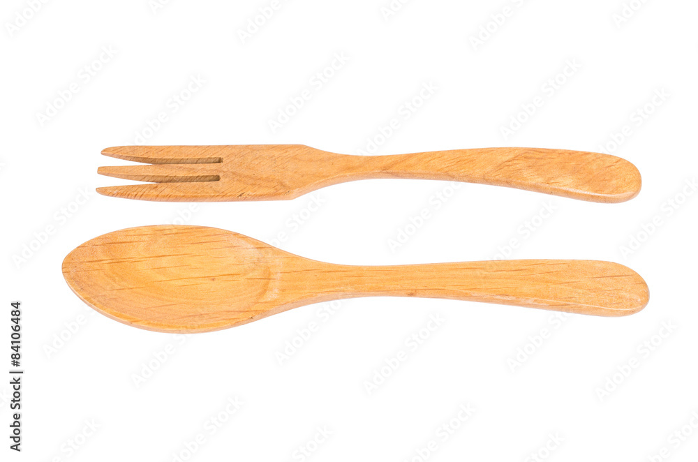 wooden spoon and fork isolated on white background